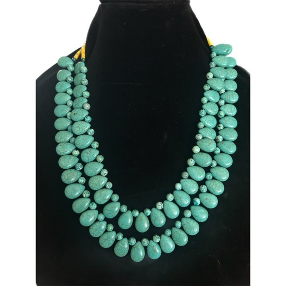 Turquoise‎ Blue Teardrop Multi Strand Statement Necklace Yellow Heishi Boho